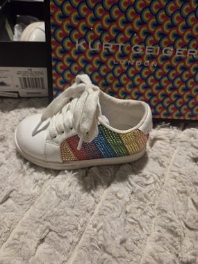 Kurt Geiger White Kids Sneakers with Rainbow Sequin Stripes